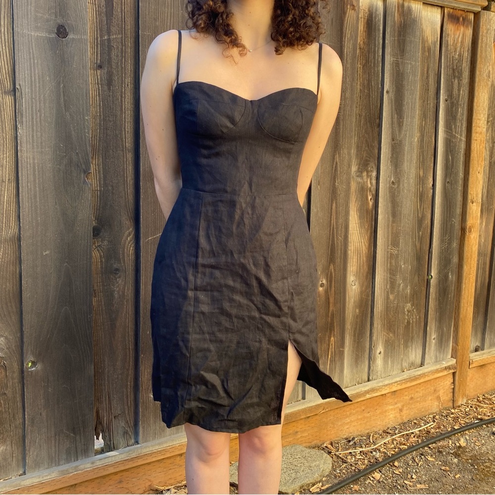 Reformation Black Linen Mini Dress with Slit and Tie Straps